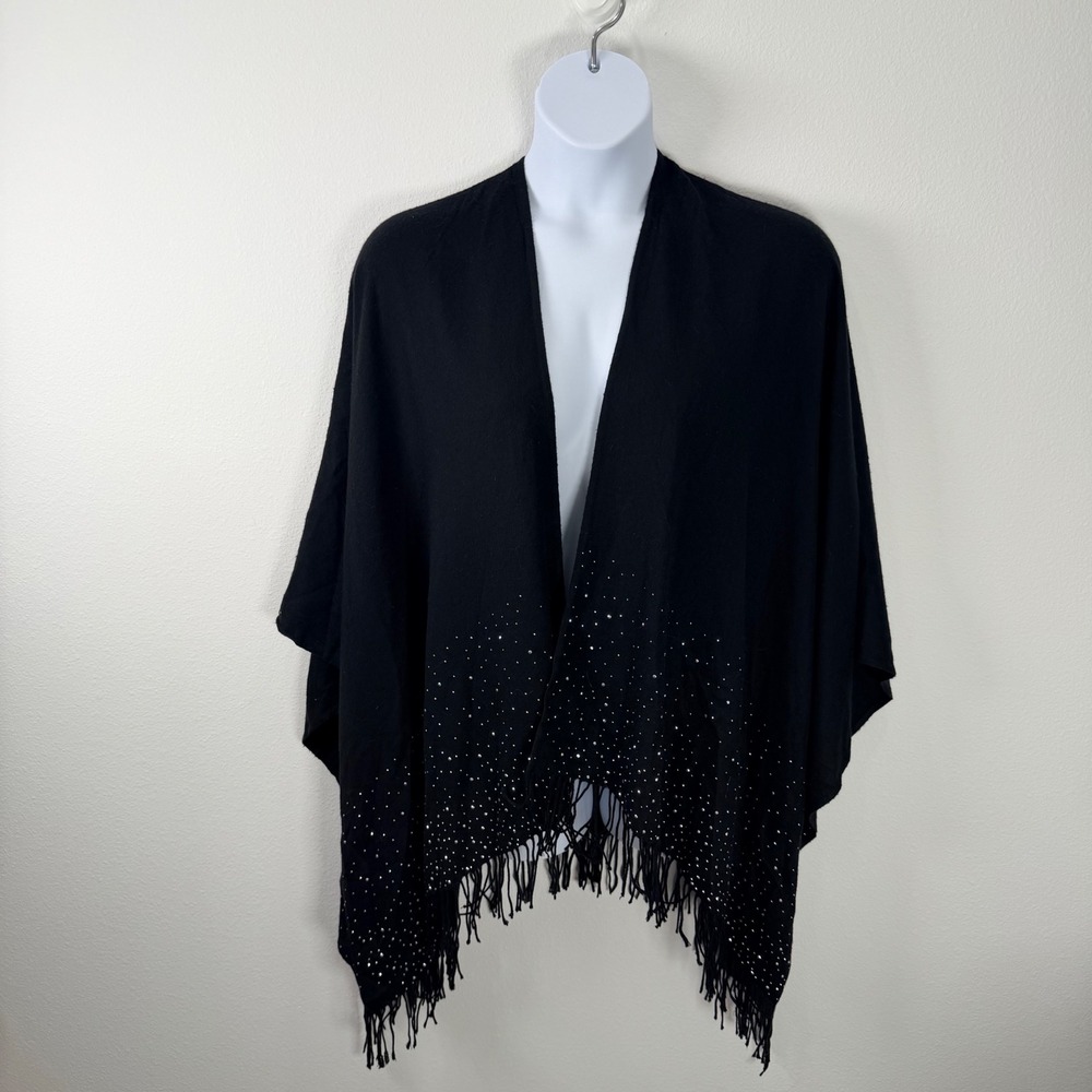 Adrienne Vittadini Black Studded Fringe Poncho Wrap Shawl One Size